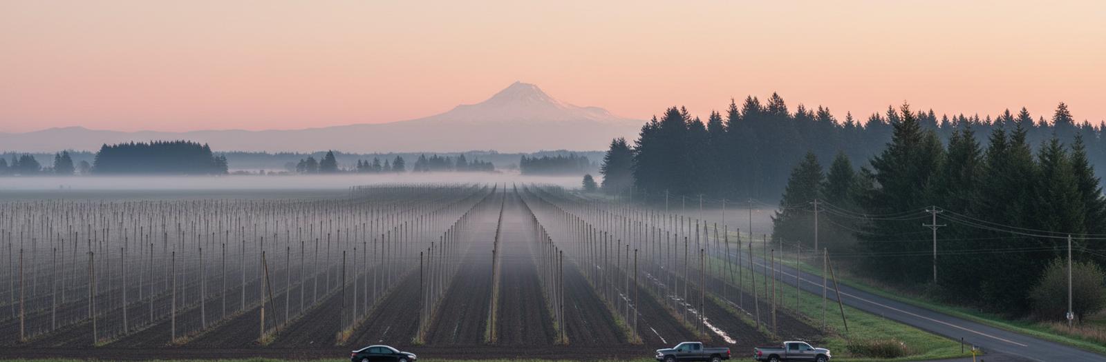 Rows of bare hop trellis poles across flat farmland at dawn, with a line of fir trees and a snow peak far to the east