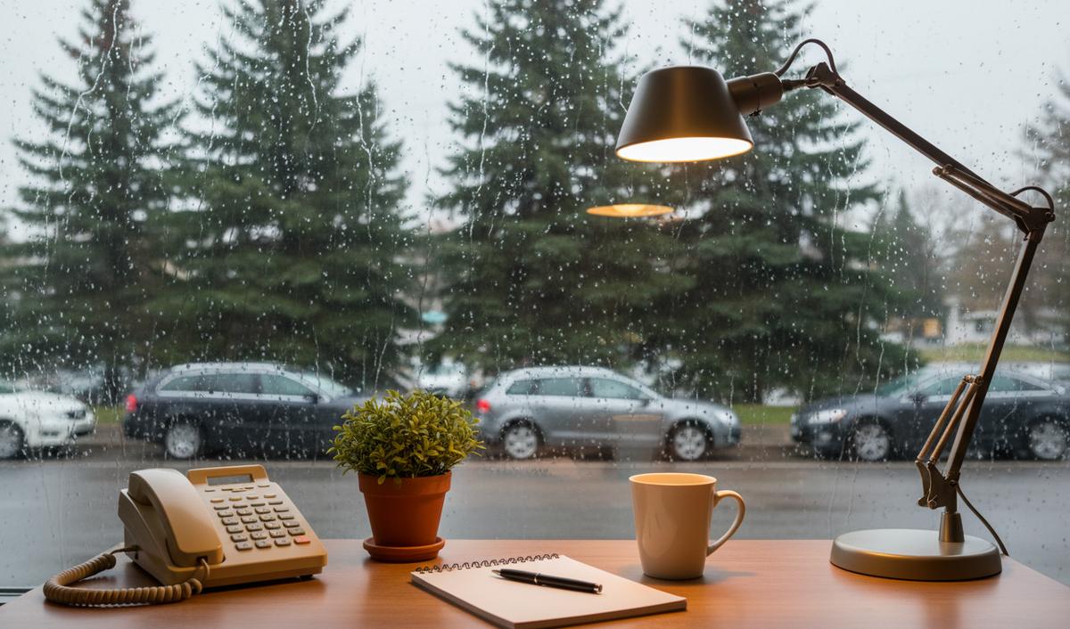 A tidy desk by a rainy window with a corded telephone, a closed notebook and pen, a mug and a potted plant