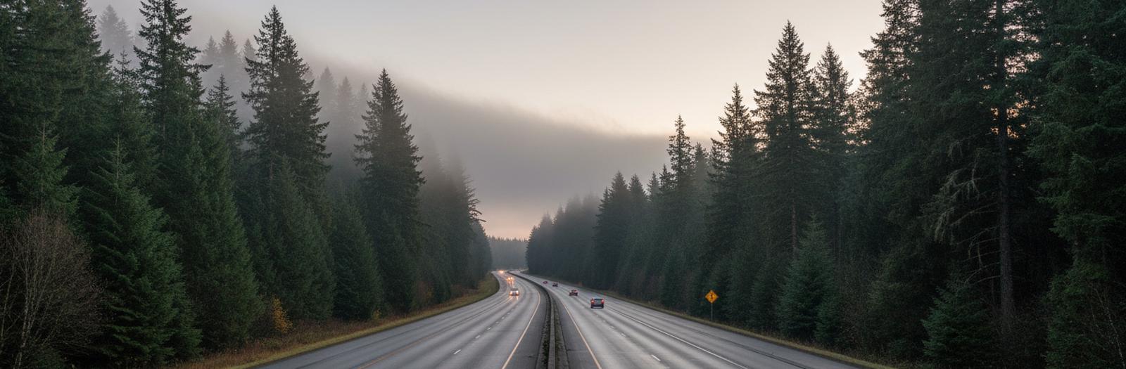 A divided highway through dense fir forest at dawn, a few distant cars, wet pavement and low cloud in the treetops