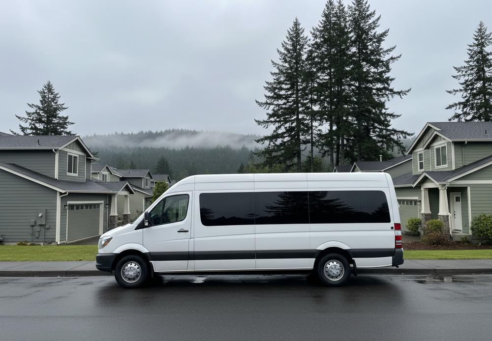 A white high-roof passenger van parked at the curb of a wet street of two-story houses, with fir trees and low cloud on the hills behind