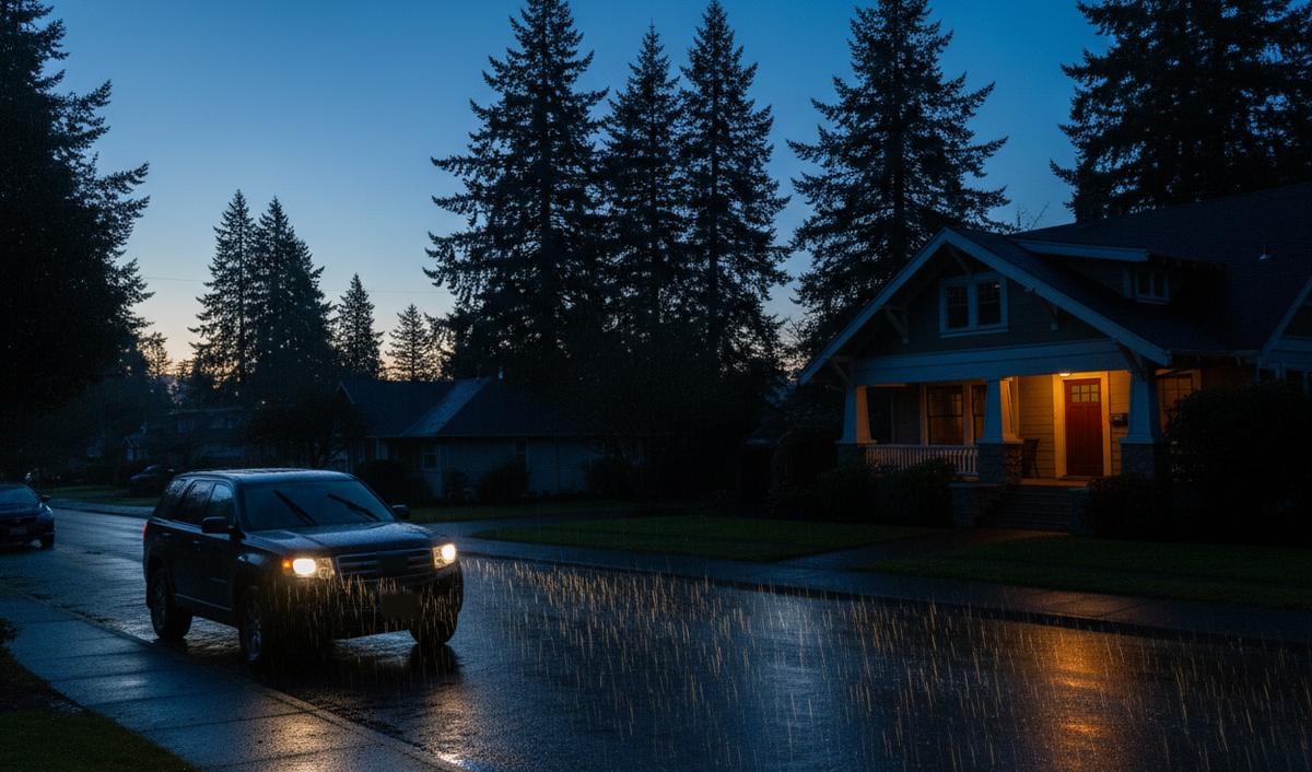 A dark SUV with its headlights on waiting at the curb of a rainy residential street before dawn, a porch light glowing on a craftsman house