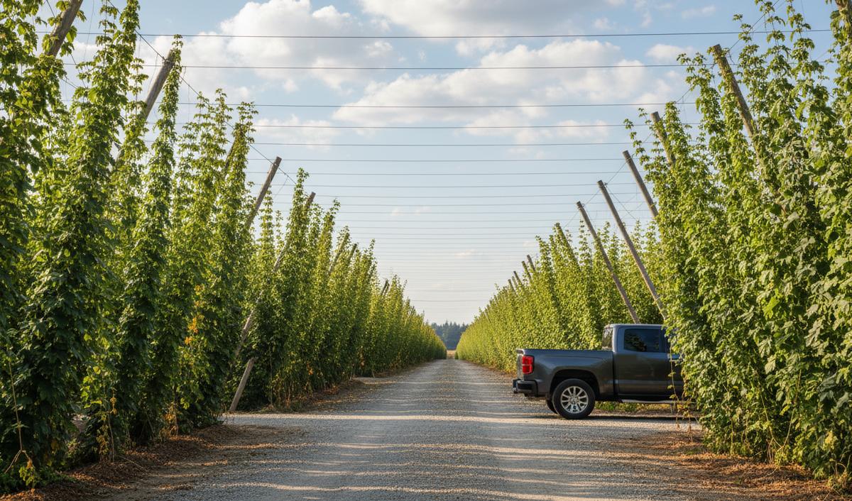 Tall green hop bines climbing strings to high trellis wires on both sides of a gravel farm lane, under a blue summer sky