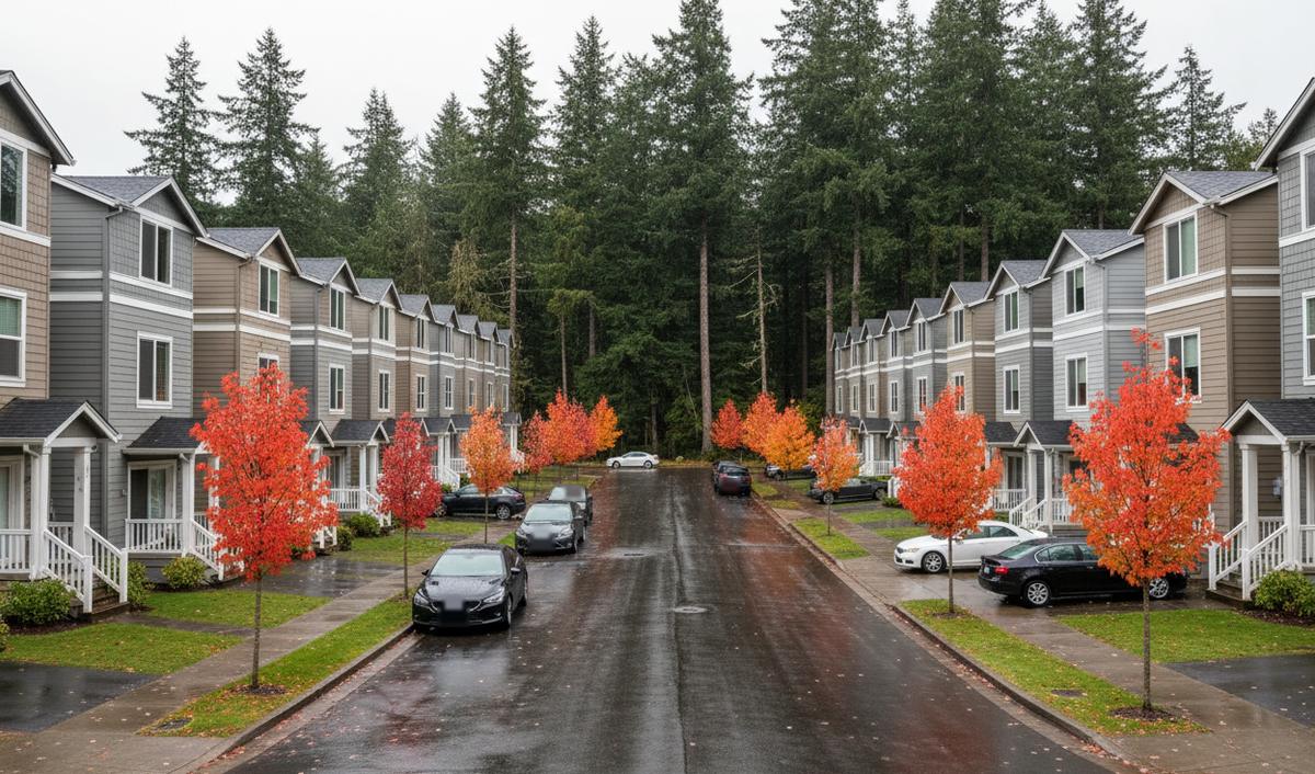 A street of new three-story townhouses with red-leaved maples, a stand of tall firs at the end and sidewalks wet from rain