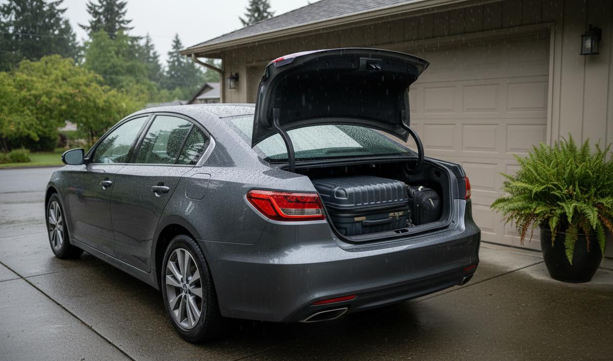 A gray four-door sedan in a wet driveway with its trunk open, two suitcases and a small bag inside