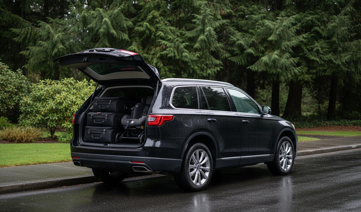 A black three-row SUV at a wet curb with the rear hatch up, suitcases stacked inside next to a stroller frame with an empty infant car seat on it