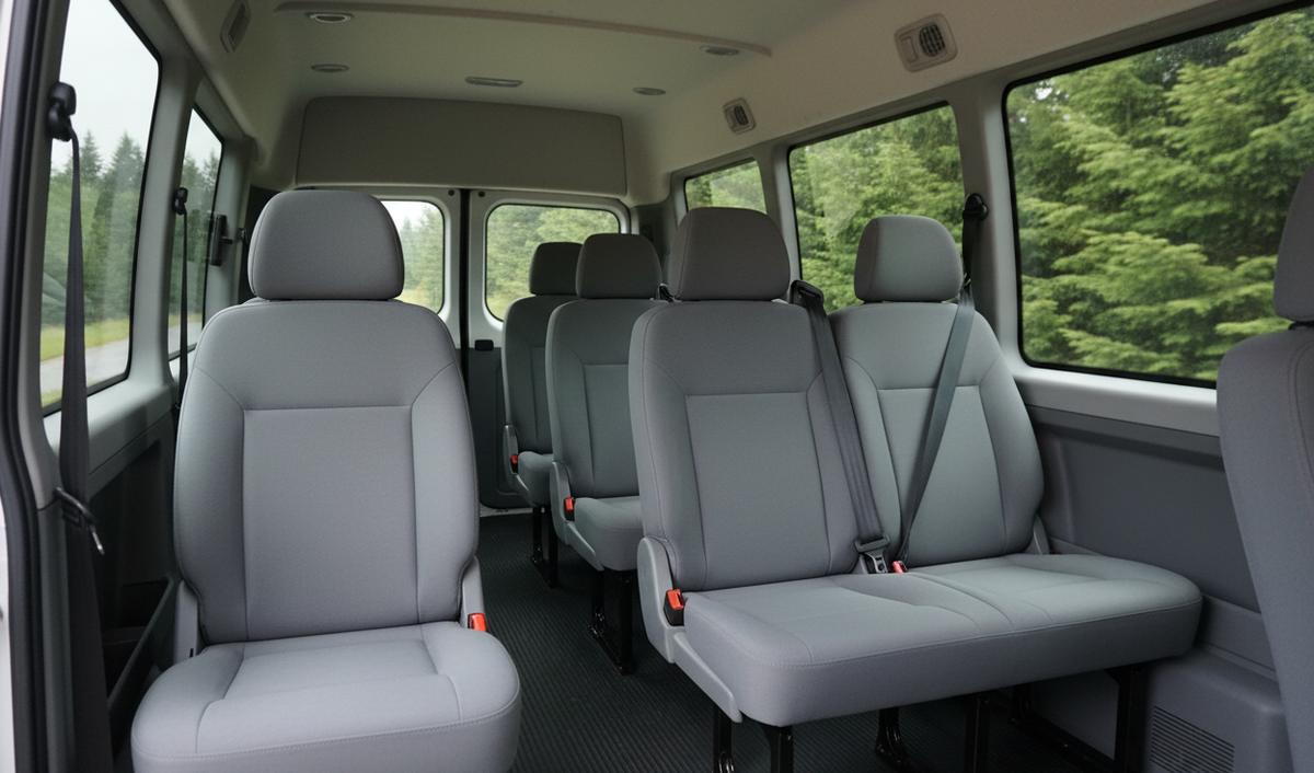 Inside an empty passenger van: rows of gray cloth seats with headrests and belts, an aisle on one side, fir trees outside the windows